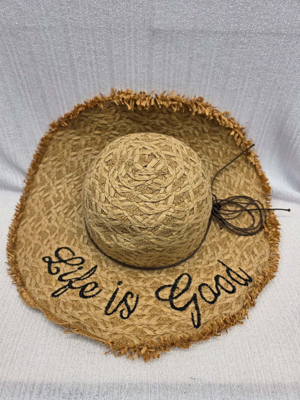 Life Is Good Embroidered Straw Sun Hat with Fringed Brim